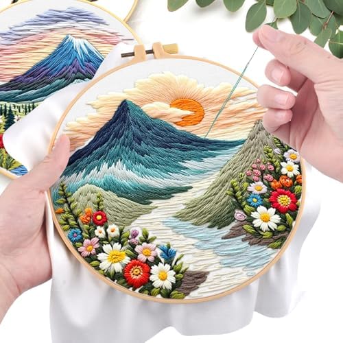 ERKOON 4 Set Embroidery Kit for Beginners, Cross Stitch Set Include Embroidery Cloth Hoops Threads for Craft Lover Hand Stitch with Embroidery Skill Techniques (Landscape)