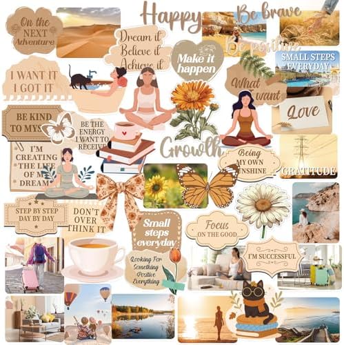 50 Pcs Vision Board Stickers for Women, Positive Affirmation Stickers for Vision Board Supplies Kit, Inspirational Quote Journey Decal Sticker for Adults Teens Planner Accessories (Brown)