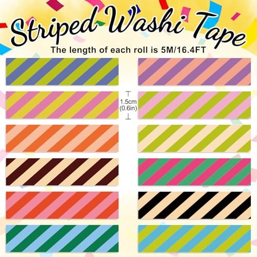 Whaline 12 Rolls Striped Washi Tape Masking Tape Set Colorful Cabana Stripe Decorative Wrapping Paper Tapes Boxed for Birthday Scrapbook Journal DIY Crafts