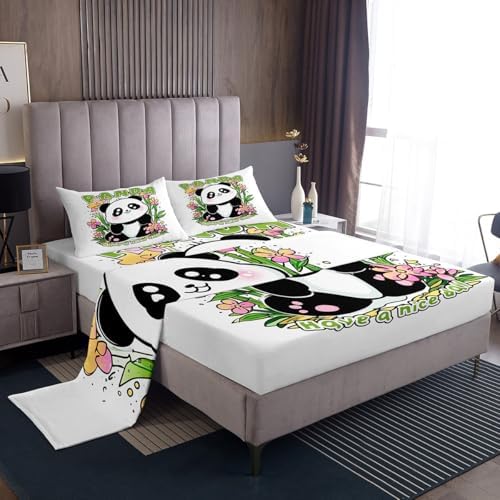 Cartoon Panda Bed Sheet Set King Size Cute Animal Mattress Cover Lively Leaves Flowers Print Sheets for Boys Girls Bedroom White Green with Flat,Fitted Sheet Pillowcase 4Pcs