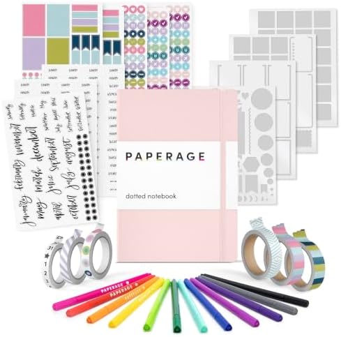 PAPERAGE Bullet Journal Kit, Dotted Journaling Set & Stationary Kit, Hardcover Dotted Journal Notebook (Blush), 12 fineliner Pens, 8 Sticker & 3 Stencil Sheets, 6 Washi Tapes