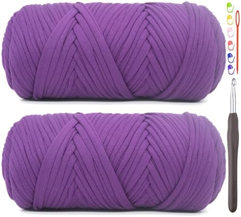 2 Pack Tshirt Yarn for Crocheting,Violet Purple T Shirt Chunky Elastic Fabric Thick T-Shirt Crochet Yarn for Beginners Crocheting Hand Knitting Bag/Basket/Coasters/DIY Crafts/Home Decor 2*200G(Violet）