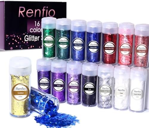 Renfio Chunky Glitter, 16 Colors Resin Glitter Set Each 10g/0.35oz