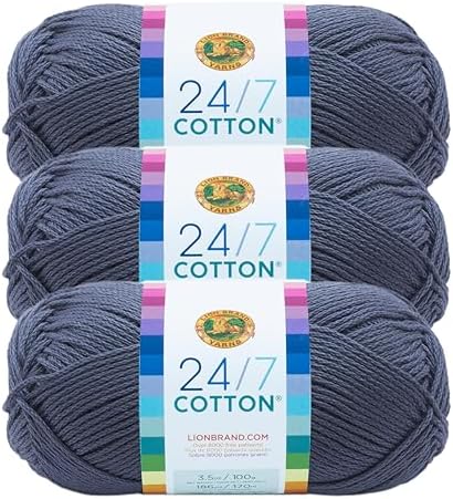 Lion Brand 24/7 Cotton Yarn, Yarn for Knitting, Crocheting, and Crafts, Denim, 3 Pack