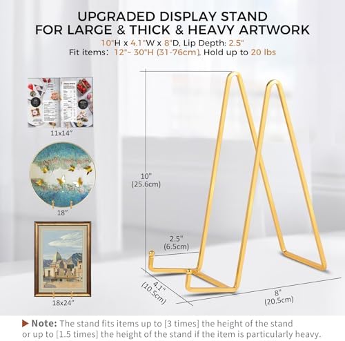 Large Plate Holder Display Stand - 10 inch Tall Plate Stands for Display - Metal Picture Frame Stand - Big Tabletop Easel Stand for Decorative Plates | Platter | Book | Plaque | Tile - 2 Pack - Gold