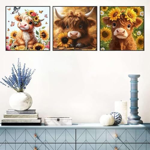 Benjenes 3PCS Highland Cow Diamond Art Kits for Adults, Diamond Painting