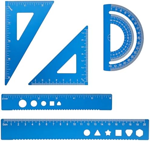 5 Pcs Metal Geometry Set, Math Drafting Ruler Kit- Aluminum Triangle Rulers, Protractor, 8 Inch and 6 Inch Drawing Ruler, Measuring Tool for School and Office Supplies (Blue)