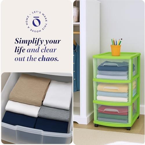 HOMZ Drawer Tower, 3-Tier Storage Cart with Removable Wheels, Bold Lime