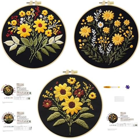 57lilina Embroidery Kit for Beginners, Pack of 3 with Hoop, Threads, Needle