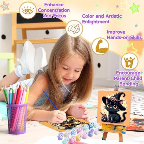 SUJINMEI 4 Pack Halloween Paint by Numbers Kit for Kids with Frame 8x8 inch