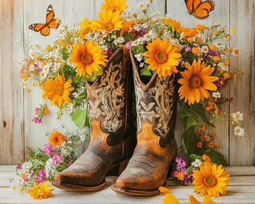 Paint by Numbers Kit for Adults, Cowgirl Boots Sunflower, 16 x 20 Inch | DIY Adult Paint by Number Kit on Canvas for Beginners, without Frame, Western Farmhouse Wall Decor, Stress Relief Craft Gift