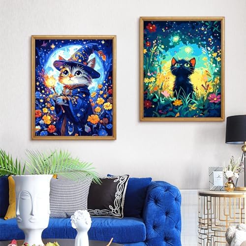 Yunnuo Cat Paint by Numbers Kit for Adults Beginner,Adult Paint by Number Kits on Canvas,Magic Cat and Flowers Paint-by-number Kits with Acrylic Paint & Brush,Great Choice for Decor and Gift(16x20 in)