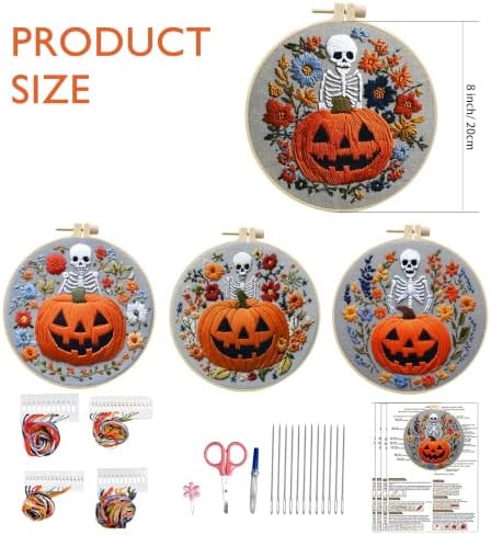 4 Sets Embroidery Kit for Adults, Skull Pumpkin Embroidery Practice Kit