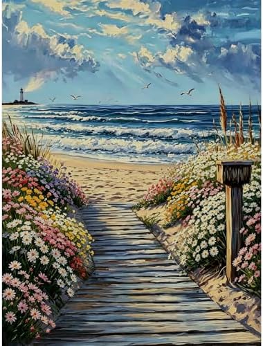 DIYDECORFUN Diamond Art Kits for Adults, Beach Scene Diamond Painting Round Full Drill, Gem Art Kit for Crafts and Home Wall Decor, Road and Sea Diamond Dots Kit for Beginners, 12x16 Inch