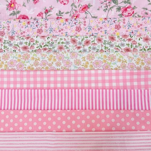 Cotton Fabric DIY Making Supplies Quilting Patchwork Fabric Fat Quarter Bundles DIY for Quilting Cotton Patchwork Cushions (8pcs Small Pink Flowers, 20" x 20")