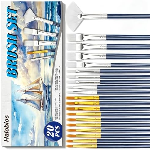Halobios Paint Brushes Set, 20 Different‑Size Acrylic Paint Brushes for Nail Art, Face Art, Crafts, Rock Painting & School Projects