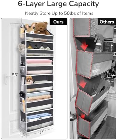 ULG Over The Door Organizer with 6 Large Pockets 12 Side Pockets, 50lbs Weight Capacity Door Hanging Organizer for Bedroom, Bathroom, Pantry, Nursery Storage, Dark Gray