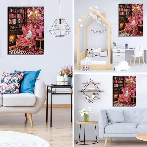 Diamond Art Kits for Adults,Pink Bookshelf ghost Diamond Painting Kits
