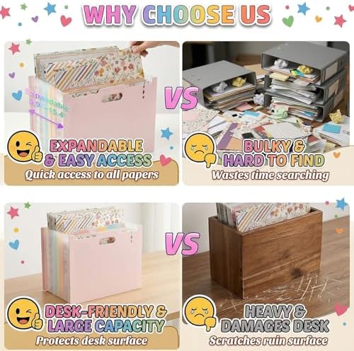12x12 Scrapbook Paper Storage Organizer with 13 Expandable Pocket, Large Scrapbook Paper Storage for Craft Room Sticker Storage and Organization, Desktop Paper Holder (3 Pcs, Blue+Cream+Pink)