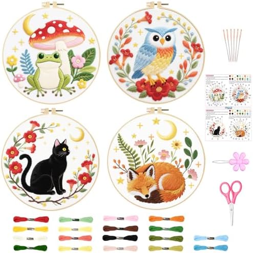 ORIGACH 4 Pack Animal Embroidery Kits Cat Frog Owl Fox Embroidery Sampler Kit Include Adjustable Hoops and Instruction Starter DIY Needlepoint for Adult Beginners