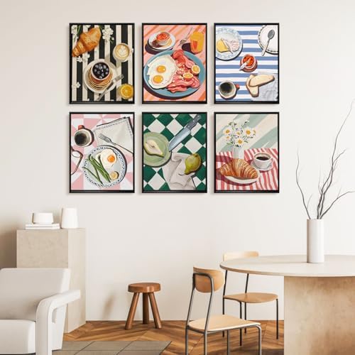 6 Pack Paint by Numbers Kit for Adults, Breakfast Painting, 8x10 Inch | DIY Adult Paint by Number Kits on Canvas for Beginners, without Frame, Kitchen Wall Decor, Stress Relief Craft Gift