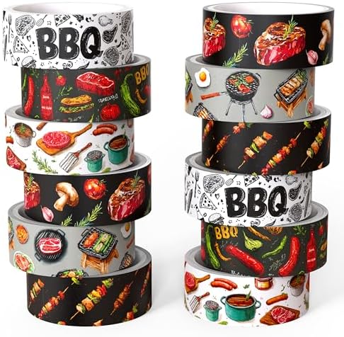 12 Rolls Watercolor BBQ Themed Washi Tape Set,6 Design Grilling Decorative Tape Summer Food Theme Masking Tape for Journaling Supplies, Scrapbooking, DIY Arts & Crafts, Planner, Gift Wrapping