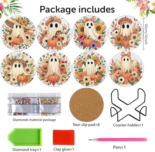 8 Pcs Diamond Art Coasters Kit for Adult with Holder, Diamond Coaster 4x4in