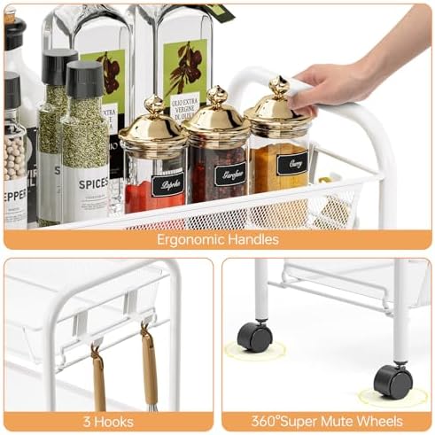 TOOLF 5 Tier Rolling Cart, Metal Utility Storage Cart with Wheels, White | 3 Hooks, Screwless Assembly, Trolley Organizer for Bathroom, Kitchen, Office, Nursery, Dorm, Laundry Room