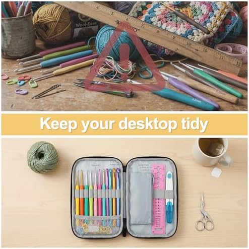Crochet Hook Case, Zipper Storage Organizer Bag with Web Pockets for Crochet Needles/Knitting Accessories/Crochet Hook Kit Tools, Lightweight, Easy to Hold