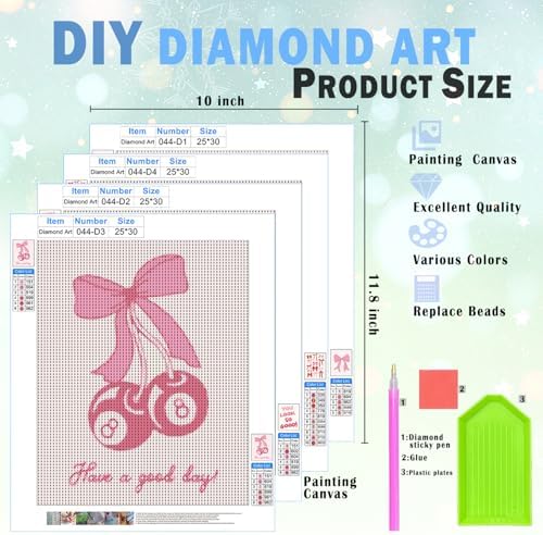 XUNLURY Pink Preppy Girly Diamond Art Kits 4 Pcs, Coquette Bow Cherry Lucky 8 Ball Diamond Painting Kits for Adults Girls Beginners, Full Drill Diamonds Dots for Home Decor, 9.8x11.8 Inch