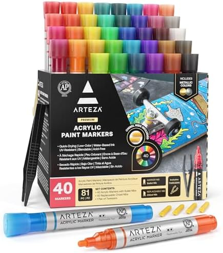 ARTEZA Acrylic Paint Markers, Set of 40 Acrylic Paint Pens in Assorted Colors, Art Markers for Glass, Pottery, Ceramic, Plastic, Rocks, and Canvas