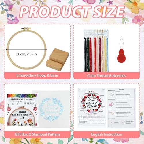 ElasignShopo Embroidery Kit for Beginners Adults – Funny Please Get Out of My House Cross Stitch Kit, Floral Butterfly Pattern Embroidery Starter Set with Hoop, Needles, Threads & Instructions
