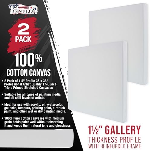 U.S. Art Supply 36"x36" Stretched Canvas for Painting, Gallery Depth 2-Pack | Rectangle 1-1/2" Thick - 17oz Acrylic Gesso Triple Primed, Professional Artist Quality, 100% Cotton - Oil, Pouring Paint
