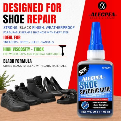 ALECPEA Black Shoe Glue for Sole Repair, Thick Adhesive, 30g with 3 Tips