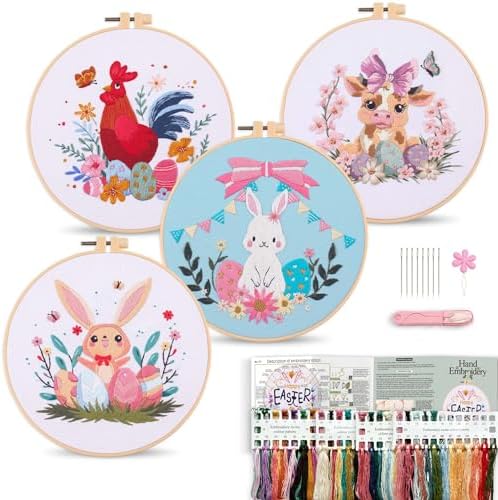Harimau Adult Beginner Embroidery Starter Kit, Complete Set with 4 Patterns, 2 Hoops, Needles, Scissors, Instruction Guide & Stitching Video Tutorials