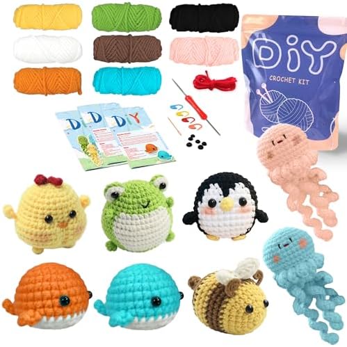 YAMAXIN Crochet Set for Beginners, for Complete Adults, Animal Crochet Hook Set for Beginners, Crochet Knitting Set with Video (8pcs Jellyfish, Chicks, Frogs, Penguins, Whales,Bees)