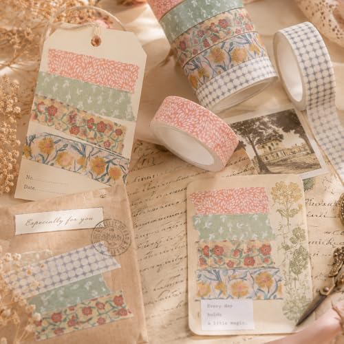 5 Rolls Vintage Washi Tape Set Floral Patterns Decorative Masking Tape