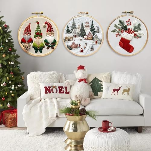 RUIQLXHANG Christmas Embroidery Kit, Christmas Gnomes Embroidery Kits for Beginners with Pattern, Cotton Threads, Needles, Instruction, 20cm Hoop, Gift for Mom, Grandma (Scepter Candy)