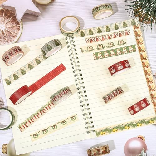 Whaline 12 Rolls Christmas Vintage Washi Tape Santa Claus Snowman Xmas Tree Bell Washi Tape Masking Decorative Party Gift Paper Tape for DIY Craft Scrapbook Decor Party Favor Supplies