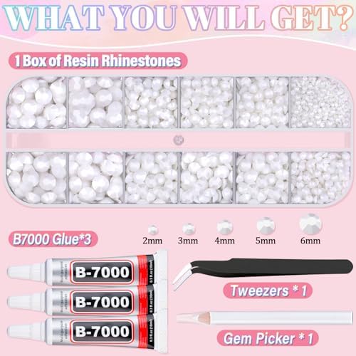 Resin Rhinestones for Crafting with 3Pcs 10ml B7000 Jewelry Glue, 1 Box White Flatback Gems Crystals Diamond for Bedazzling Crafts DIY Nail Art Makeup, Gems for Clothing Tumblers Shoes