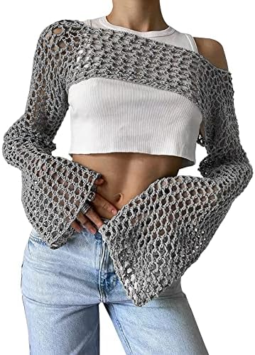 KEOMUD Women Crochet Tops Y2K Hollow Knit Bolero Shrug