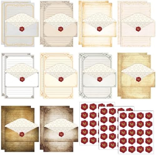 TaoBary 160 Pcs Stationery Paper Set 50 Double Sided Stationery Papers with 50 Matching Envelopes and 60 Round Dot Sticker, 10 Design(Retro,8.5 x 11 Inch)