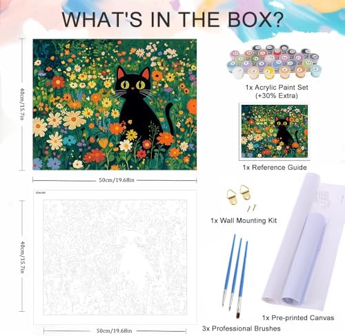 Natuyalo Paint by Numbers for Adults Beginner, Black Cat Flowers Paint by Number Kits on Canvas Without Frame, Animals Easy Acrylic Painting for Home Wall Decor 16x20 Inch