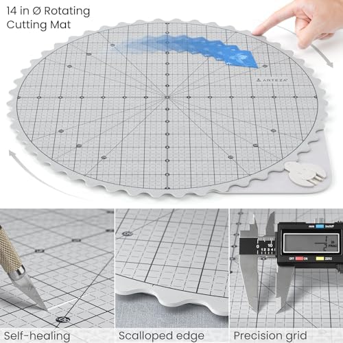 ARTEZA 14 Inch Premium Self-Healing Rotating Cutting Mat, Scalloped Edge, 360° Rotation, Locking Feature, for Quilting and Crafting