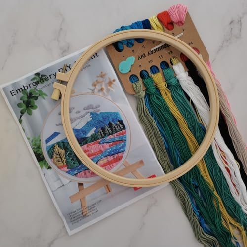 Esffaci Embroidery Starter Kit for Adult Beginner with Mountain Landscape Tree Flower Scenery Pattern Hand Embroidery Set with Embroidery Cloth Floss Hoop Needle Threader and Instruction
