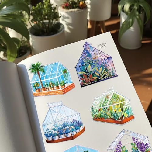 50PCS Transparent Greenhouse Plants Stickers Nature Botanical Floral Aesthetic PET Sticker Waterproof Decorative Decal for Scrapbook DIY Crafts Journal Planner Water Bottles Laptop Phone (Green)
