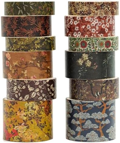 12 Rolls Chinoiserie Washi Tape Set Chinese Arts Adhesive Tapes Geometric Garden Decorative Masking Tape Sets for Craft, Kids, Scrapbook, DIY, Gift Wrapping (Serene Mountain Abode)