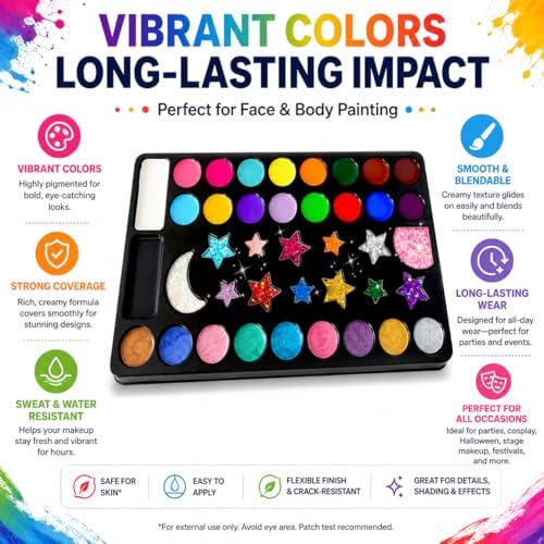 Face Painting Kit, Oil Based Body Paint Waterproof Sweatproof Non-Toxic Facepaint Palette with Brush, Stencil, Sponge, Gem, for Party Halloween 4th of July World Cup (40 Colors Kit for Girls)