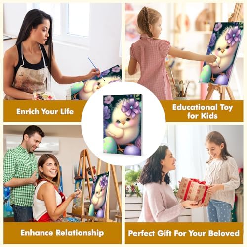 Bowetile Framed Paint by Numbers Easter Kit for Adults, Adults' Paint-by-Number Duck Kits on Canvas, Painting by Numbers Easter Egg, DIY Acrylic Number Painting for Home Wall Decor, 8x12in