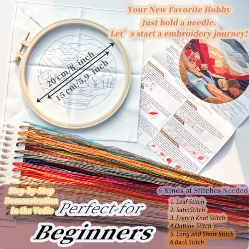 FONNUY Embroidery Kit for Beginners, Brightly Colored Landscape Lake Pre-Stamped Pattern Kits for Adults with Hoop, Easy to Follow Color Thread Needlework, 8'' Hoop (SkyBlue)